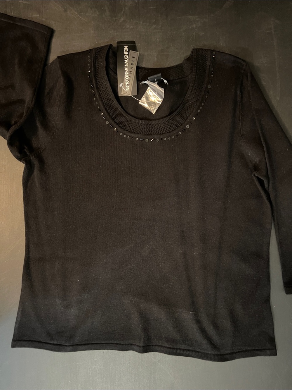 Norton McNaughton Black 3/4 Long Sleeve Embellished Crewneck Sweater